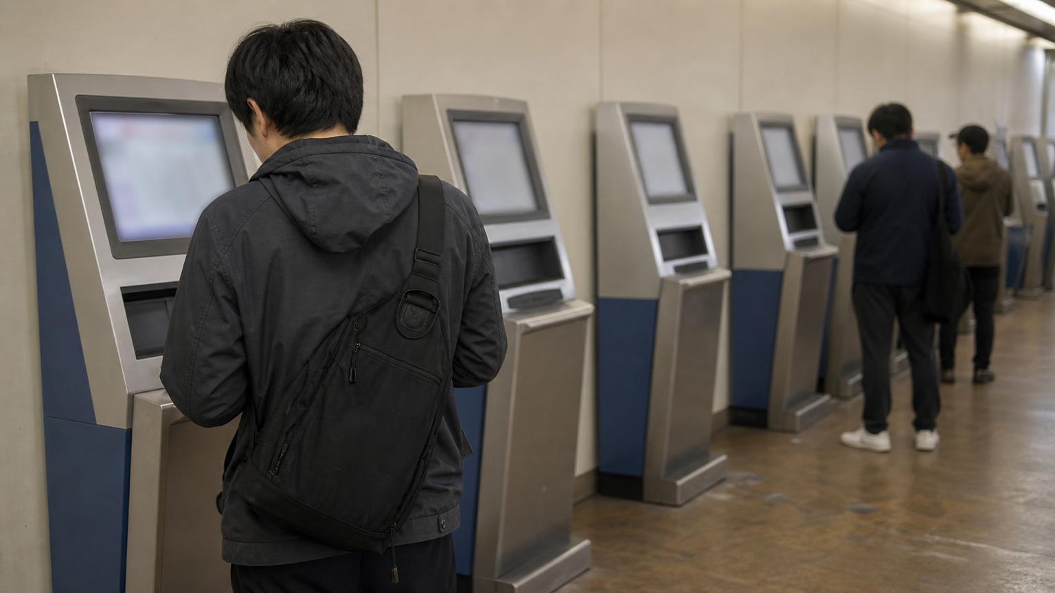 地方競馬場の場内で、券売機の並ぶ一角に立つ人の後ろ姿。機械の表示は焦点の外でぼやけている