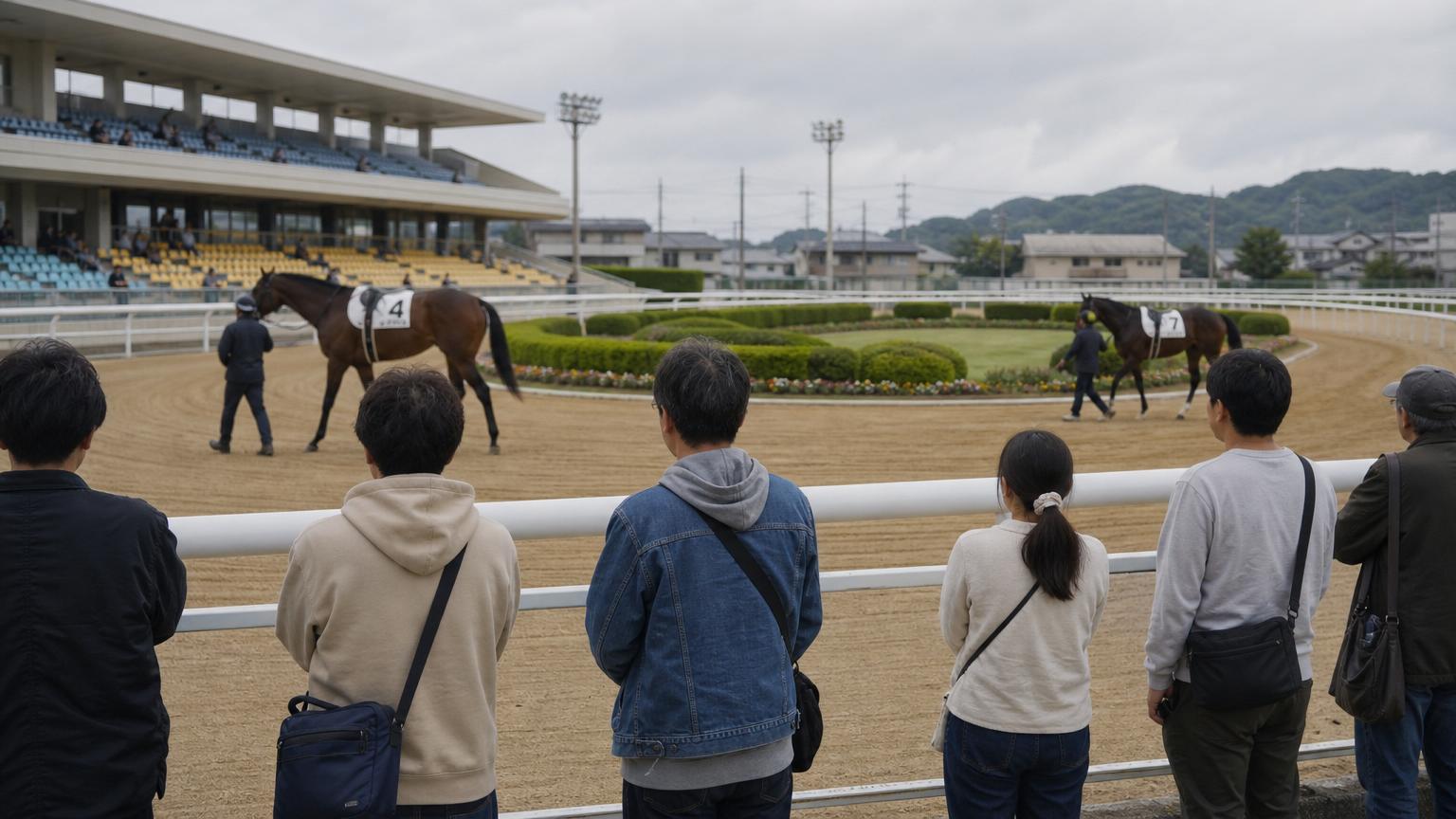 地方競馬場のパドックで、柵越しに周回する馬を見比べる観客たちの後ろ姿