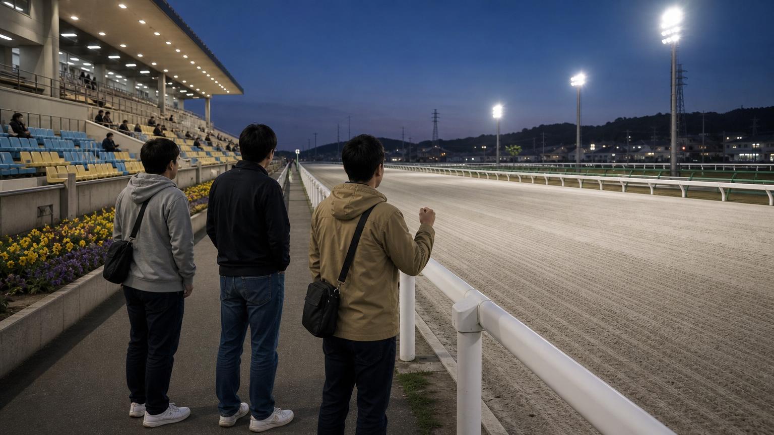 地方競馬場の外ラチ際で、レースを見終えた観客がスタンドを背に小さく拳を握っている後ろ姿
