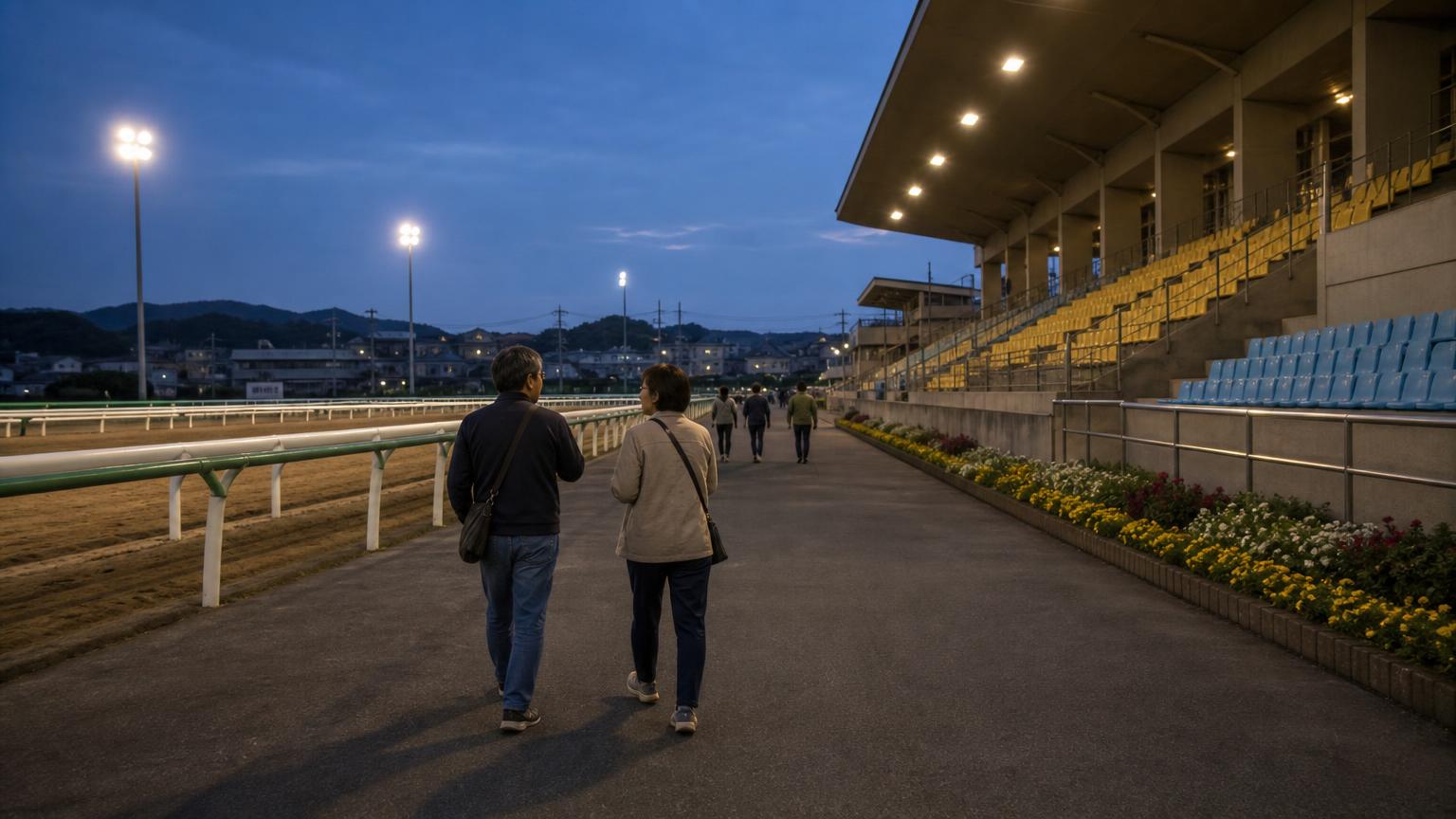夕暮れの地方競馬場の出口へ向かって歩く2人の後ろ姿。一日の開催が終わり、場内は静かになっている