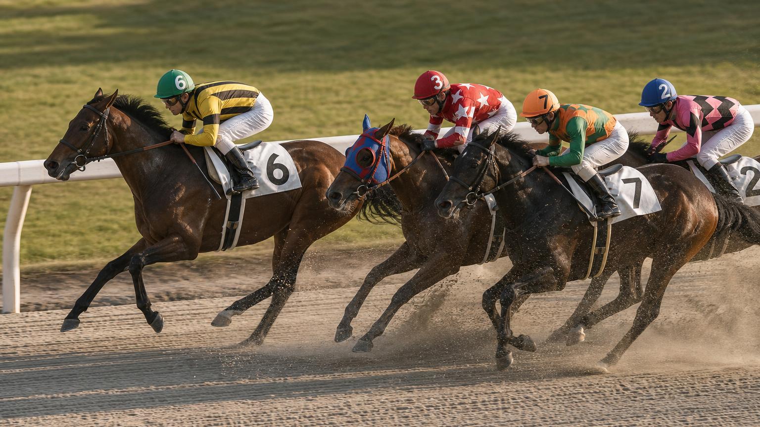 地方競馬のダートコースのゴール前。内ラチ沿いで1頭が抜け出し、その後方では3頭が着順を争って並んでいる