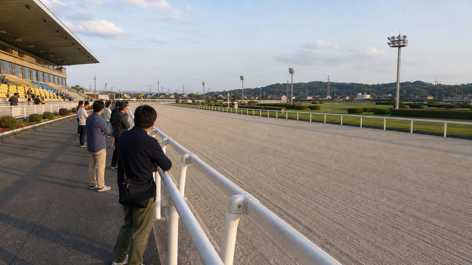 園田競馬場をイメージした地方競馬場の全景。手前にスタンドと立ち見の広場、その先の外ラチの向こうに砂のコースが広がっている