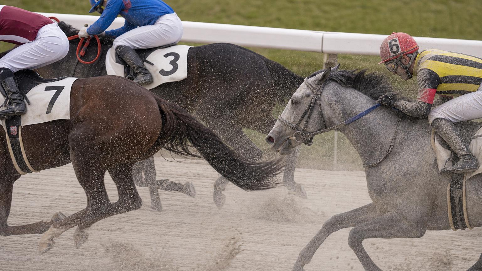 園田競馬場をイメージした砂のコースで、内ラチ沿いを走る最内の馬と騎手が、前を行く馬たちの蹴り上げた砂を顔から浴びている
