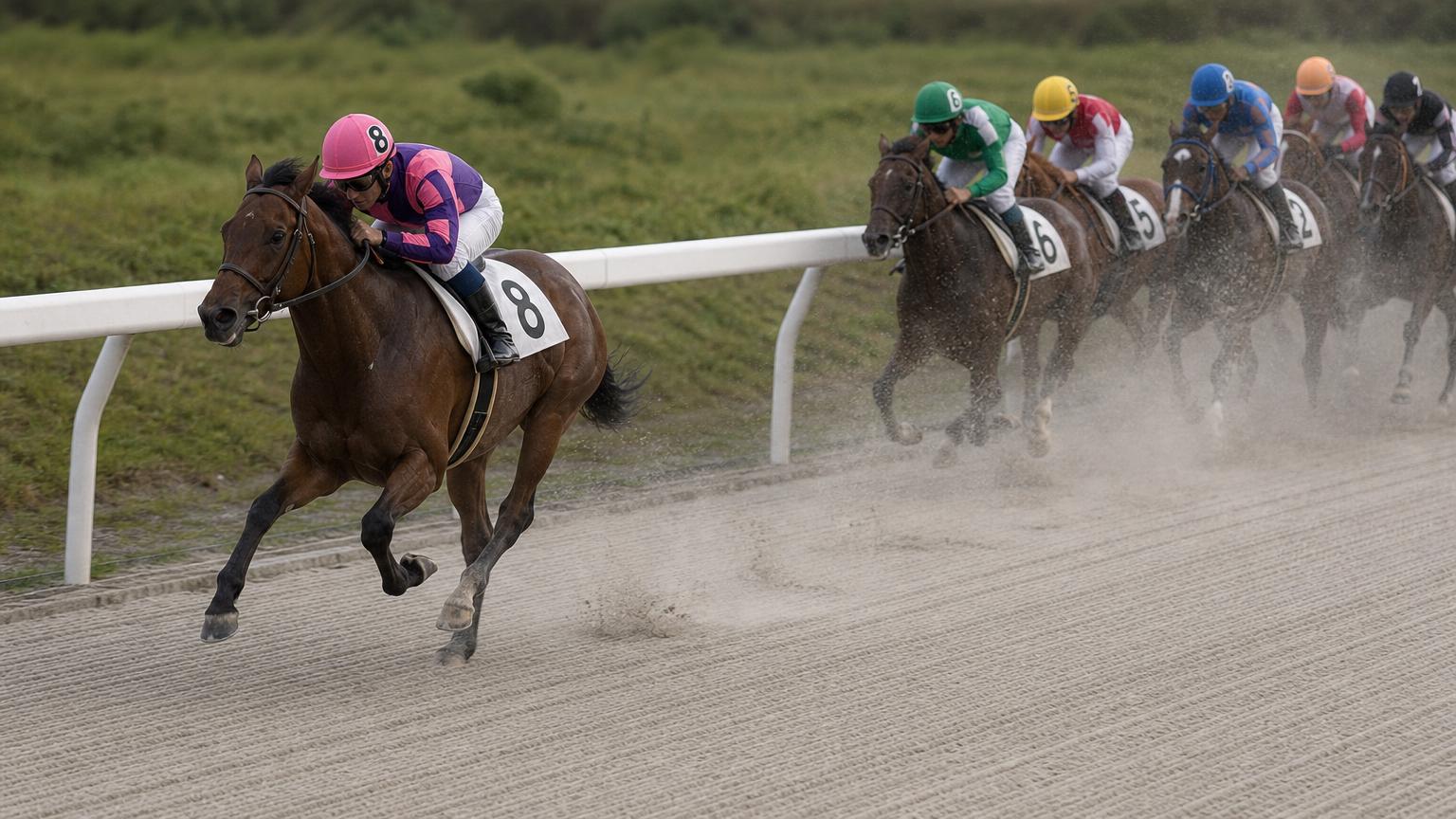 園田競馬場をイメージした砂のコースで、内ラチ沿いを単騎で先頭を走る競走馬と騎手。後続の一団は数馬身うしろに固まっている