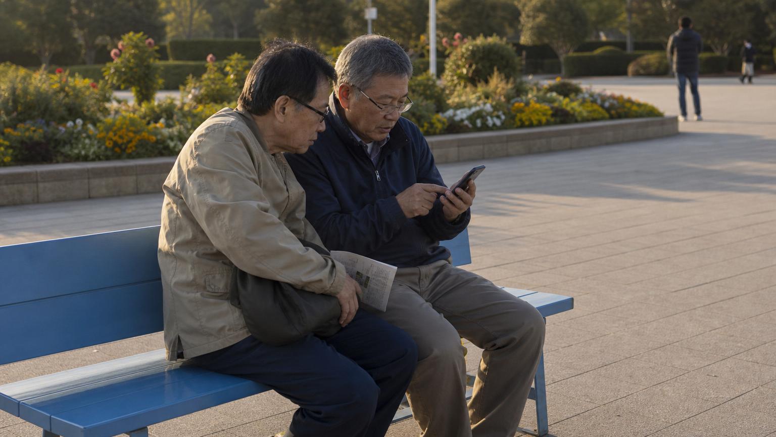 60代の日本人男性2人が、競馬のデータを見ながら考えている場面