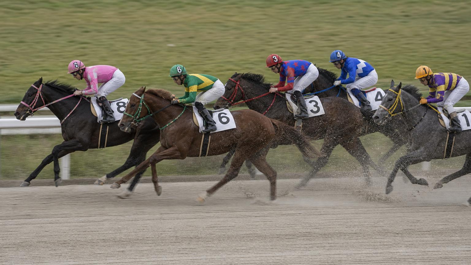 園田競馬場をイメージした砂のコース。内ラチ沿いに一列で連なる競走馬の一団が、砂を巻き上げながら走っている