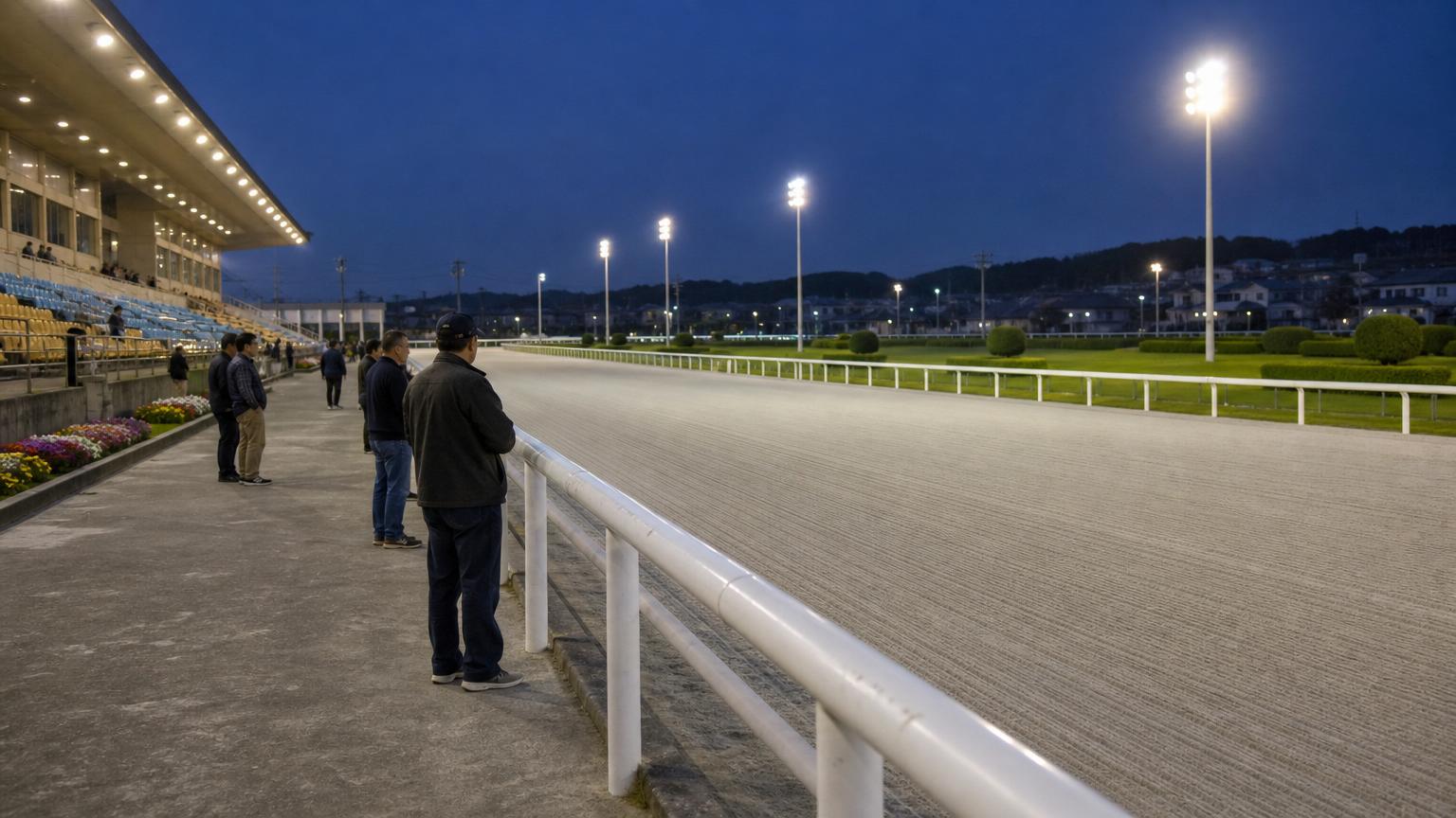高知競馬場をイメージした地方競馬場の全景。手前にスタンドと立ち見の広場、その先の外ラチの向こうに砂のコースが広がっている