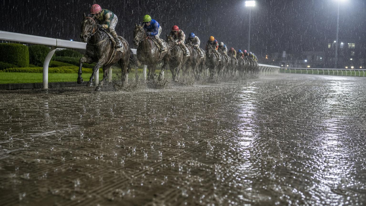 雨に濡れて黒ずんだ高知競馬場をイメージした砂のコース。水がたまった路面を、内ラチ沿いの馬群が水しぶきを上げて走っている