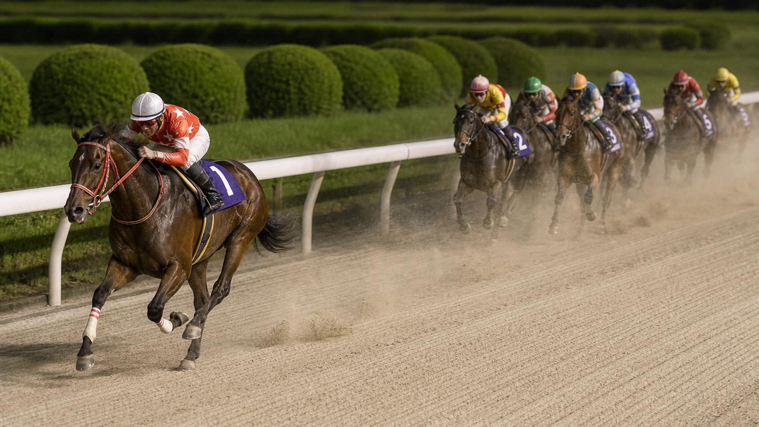 高知競馬場をイメージした砂のコースで、内ラチ沿いを単騎で先頭を走る競走馬と騎手。後続の一団は数馬身うしろに固まっている
