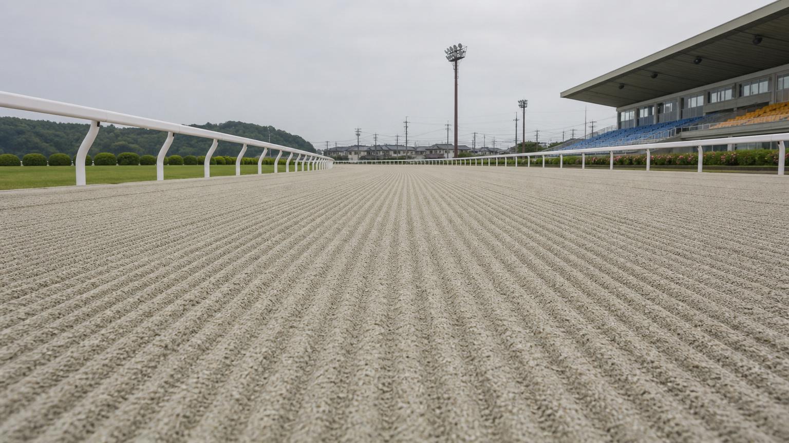 高知競馬場をイメージした砂のコース。レース前のハロー掛けを終えた無人の走路が、走行方向に走る細い筋を残して奥へ続いている