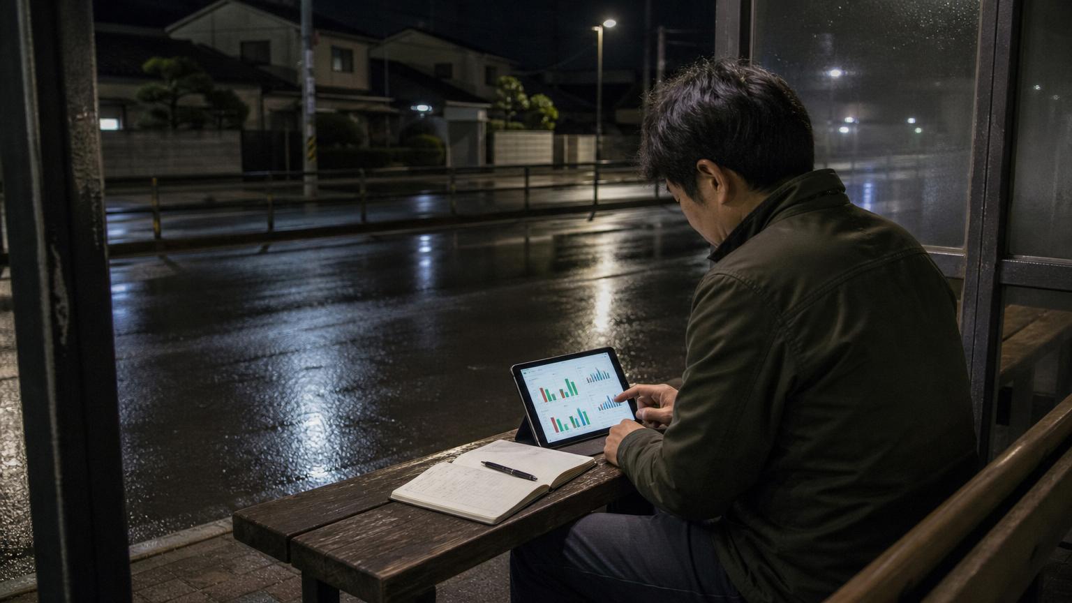 40代の日本人男性が、競馬のデータを見ながら考えている場面
