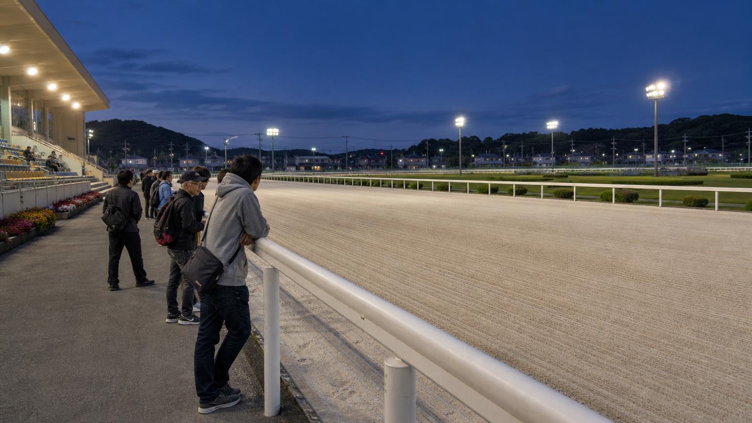 門別競馬場をイメージした地方競馬場の全景。手前にスタンドと立ち見の広場、その先の外ラチの向こうに砂のコースが広がっている