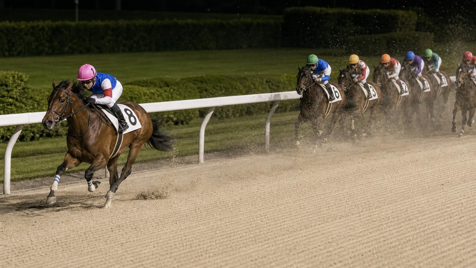 門別競馬場をイメージした砂のコースで、内ラチ沿いを単騎で先頭を走る競走馬と騎手。後続の一団は数馬身うしろに固まっている