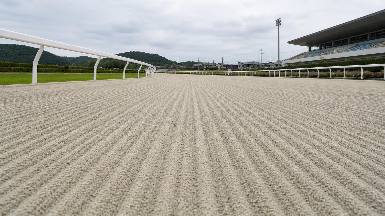 門別競馬場をイメージした砂のコース。レース前のハロー掛けを終えた無人の走路が、走行方向に走る細い筋を残して奥へ続いている