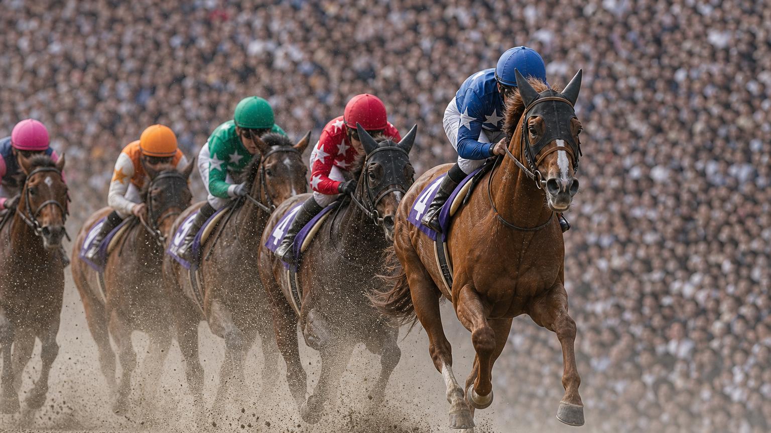満員の大観衆を背に、中央競馬のダートコースを追い比べる競走馬と騎手たち。砂を蹴立てて一頭が抜け出そうとしている