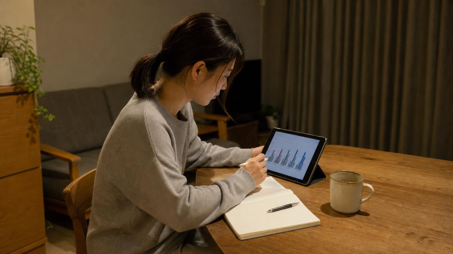 30代の日本人女性が、競馬のデータを見ながら考えている場面