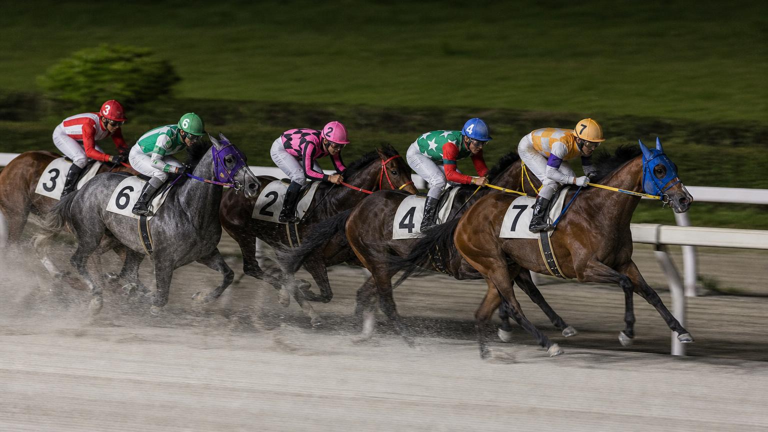 門別競馬場をイメージした砂のコース。内ラチ沿いに一列で連なる競走馬の一団が、砂を巻き上げながら走っている