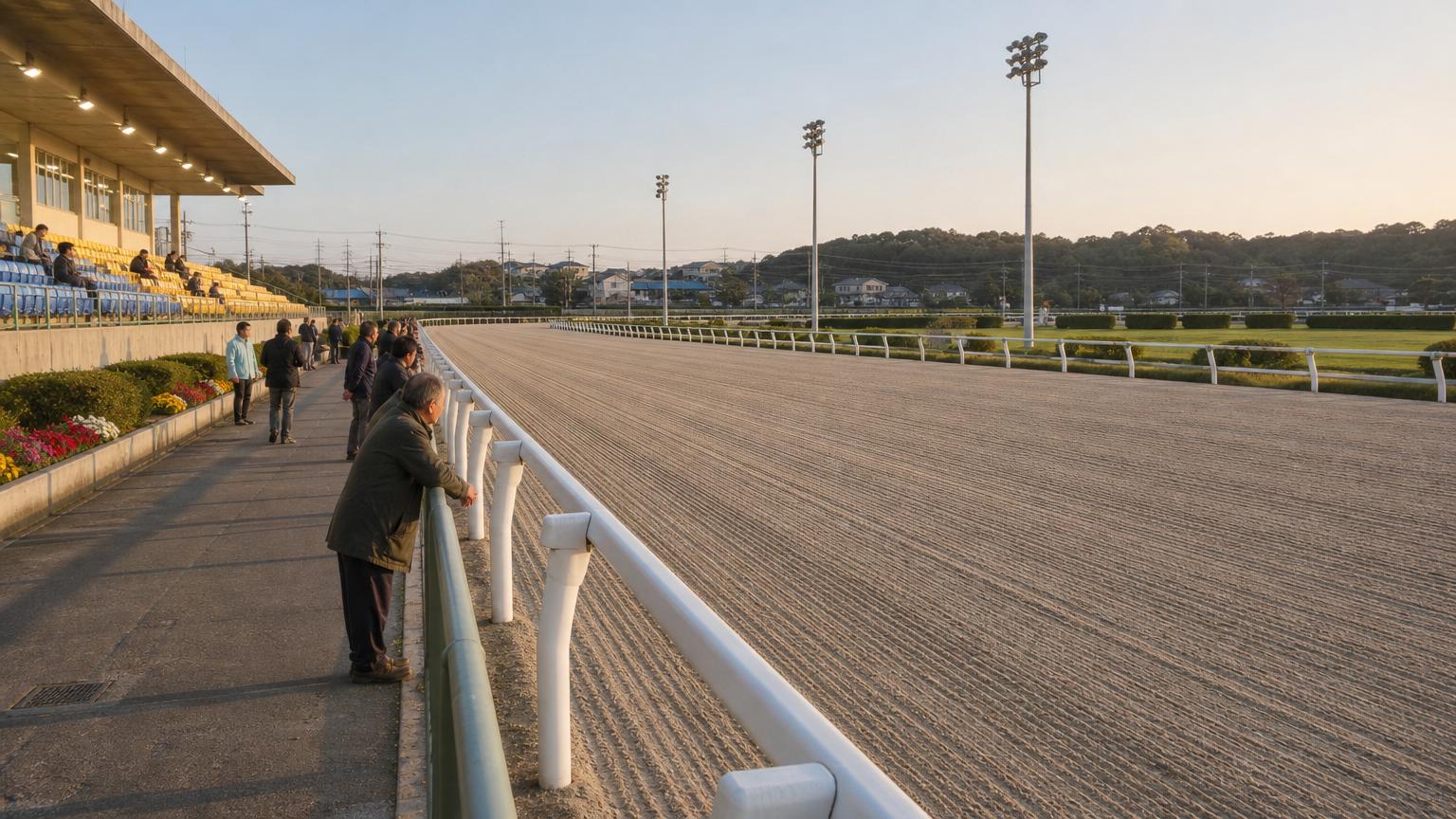金沢競馬場をイメージした地方競馬場の全景。手前にスタンドと立ち見の広場、その先の外ラチの向こうに砂のコースが広がっている
