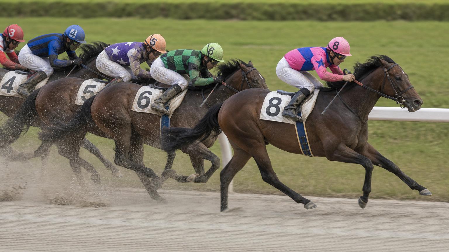金沢競馬場をイメージした砂のコースのゴール前。内ラチ沿いを走る先頭の1頭が後続を離して抜け出している