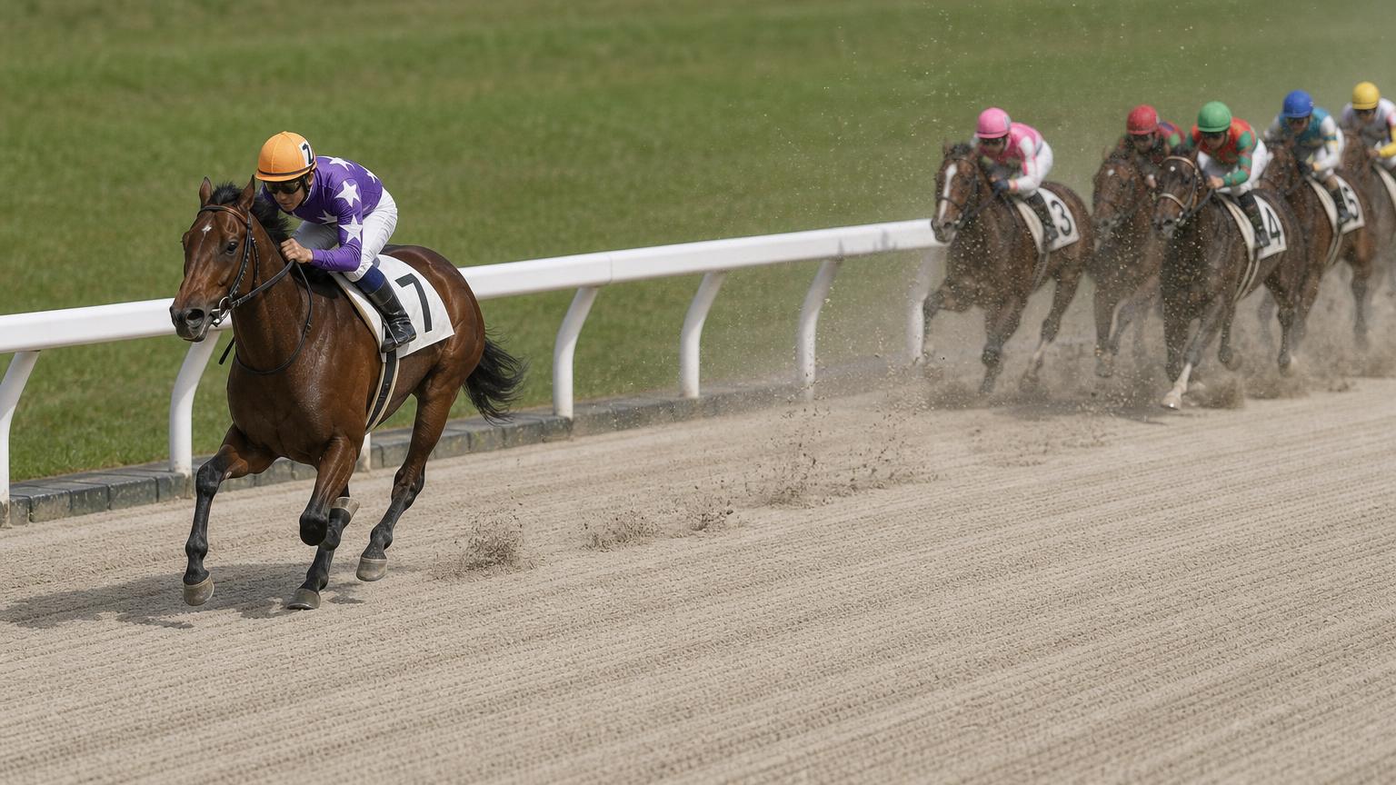 金沢競馬場をイメージした砂のコースで、内ラチ沿いを単騎で先頭を走る競走馬と騎手。後続の一団は数馬身うしろに固まっている