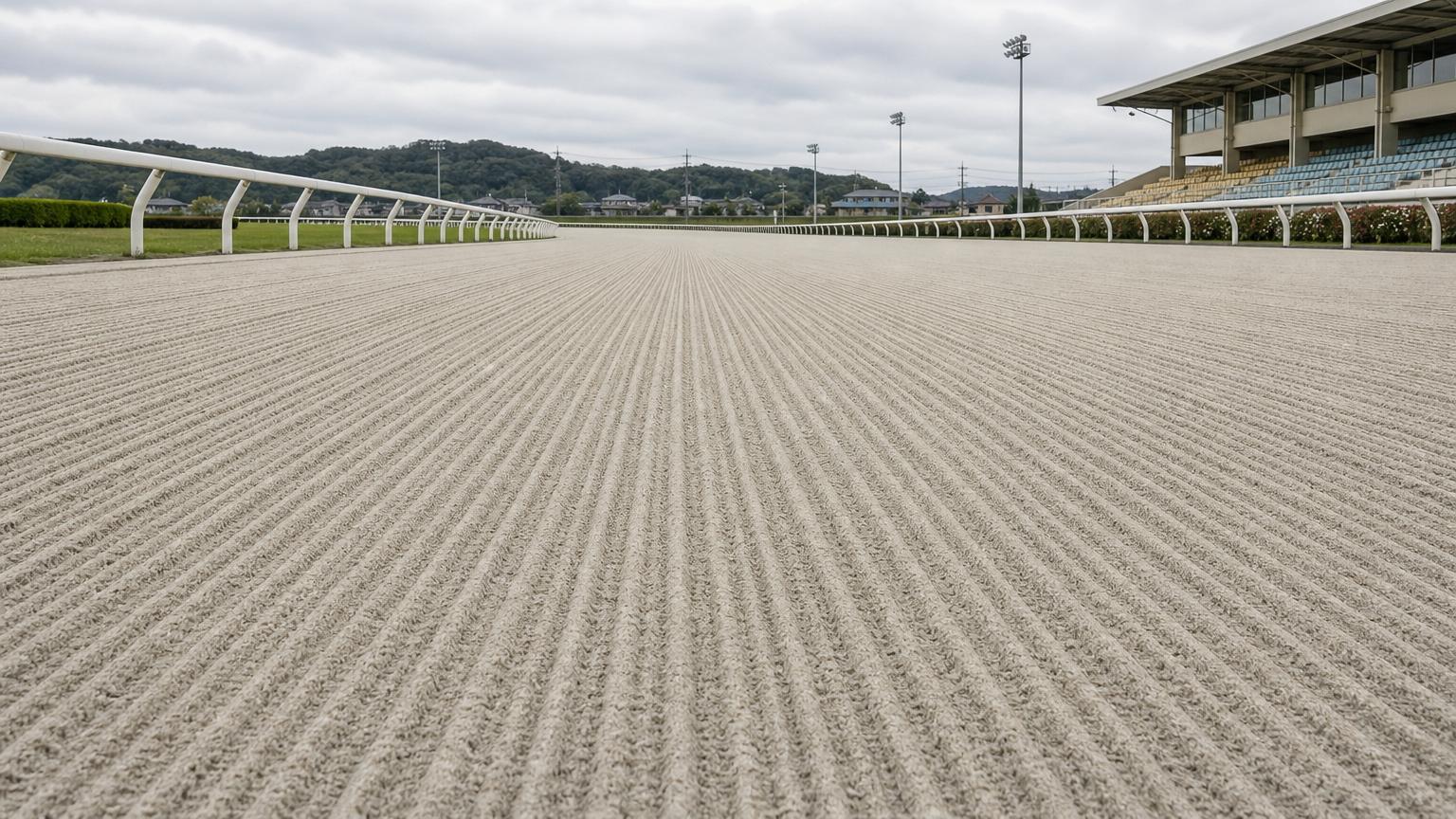 金沢競馬場をイメージした砂のコース。レース前のハロー掛けを終えた無人の走路が、走行方向に走る細い筋を残して奥へ続いている