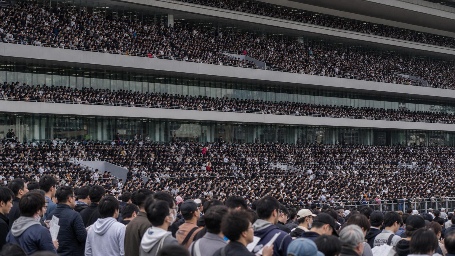 中央競馬場の満員のスタンド。何万人もの観客が幾層にも重なり、手前の人々は一様にコースの方を向いている