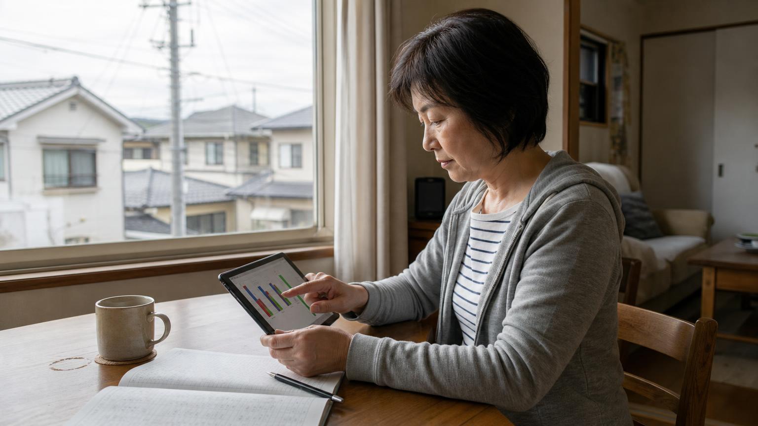50代の日本人女性が、競馬のデータを見ながら考えている場面