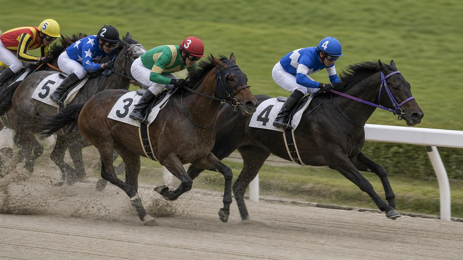 笠松競馬場をイメージした砂のコースのゴール前。内ラチ沿いを走る先頭の1頭が後続を離して抜け出している