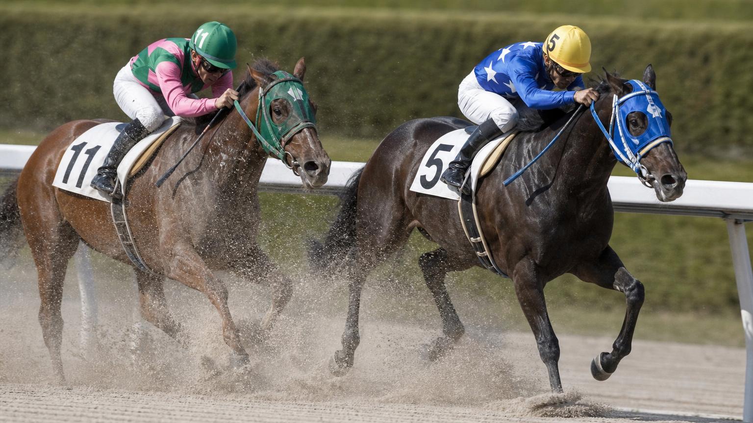 笠松競馬場をイメージした砂のコースで、内ラチ沿いを逃げる先頭馬に、砂を浴びながら後続の1頭が迫っている