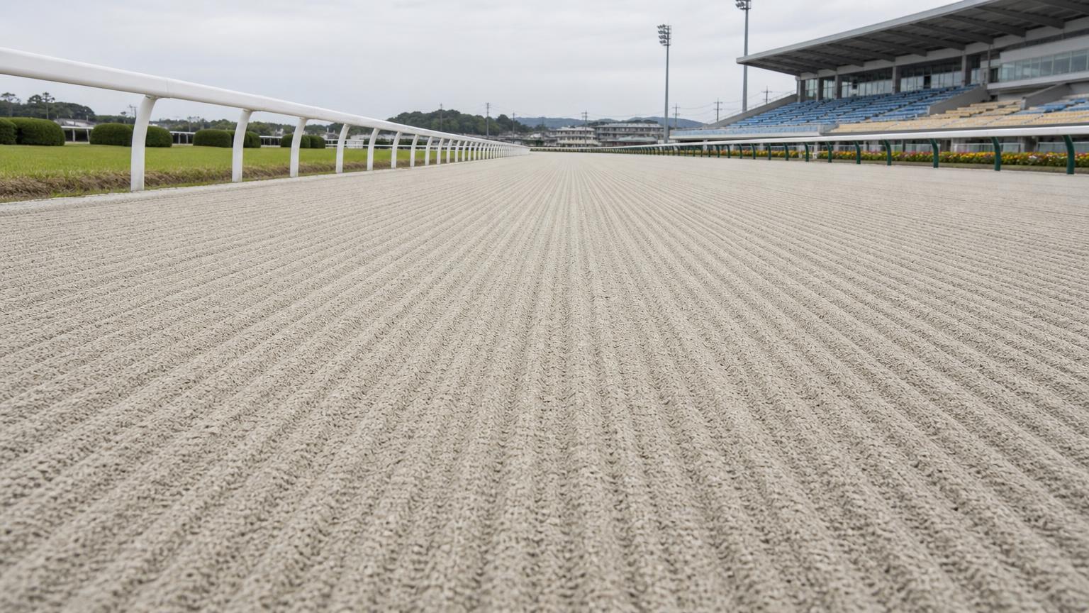 笠松競馬場をイメージした砂のコース。レース前のハロー掛けを終えた無人の走路が、走行方向に走る細い筋を残して奥へ続いている