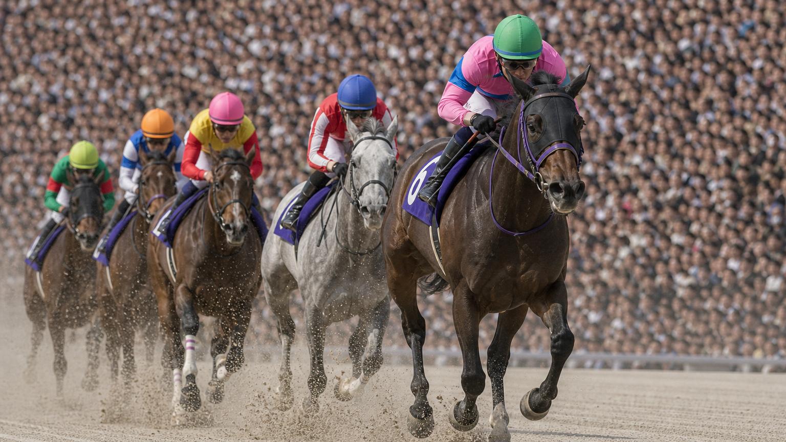 満員の大観衆を背に、中央競馬のダートコースを追い比べる競走馬と騎手たち。砂を蹴立てて一頭が抜け出そうとしている