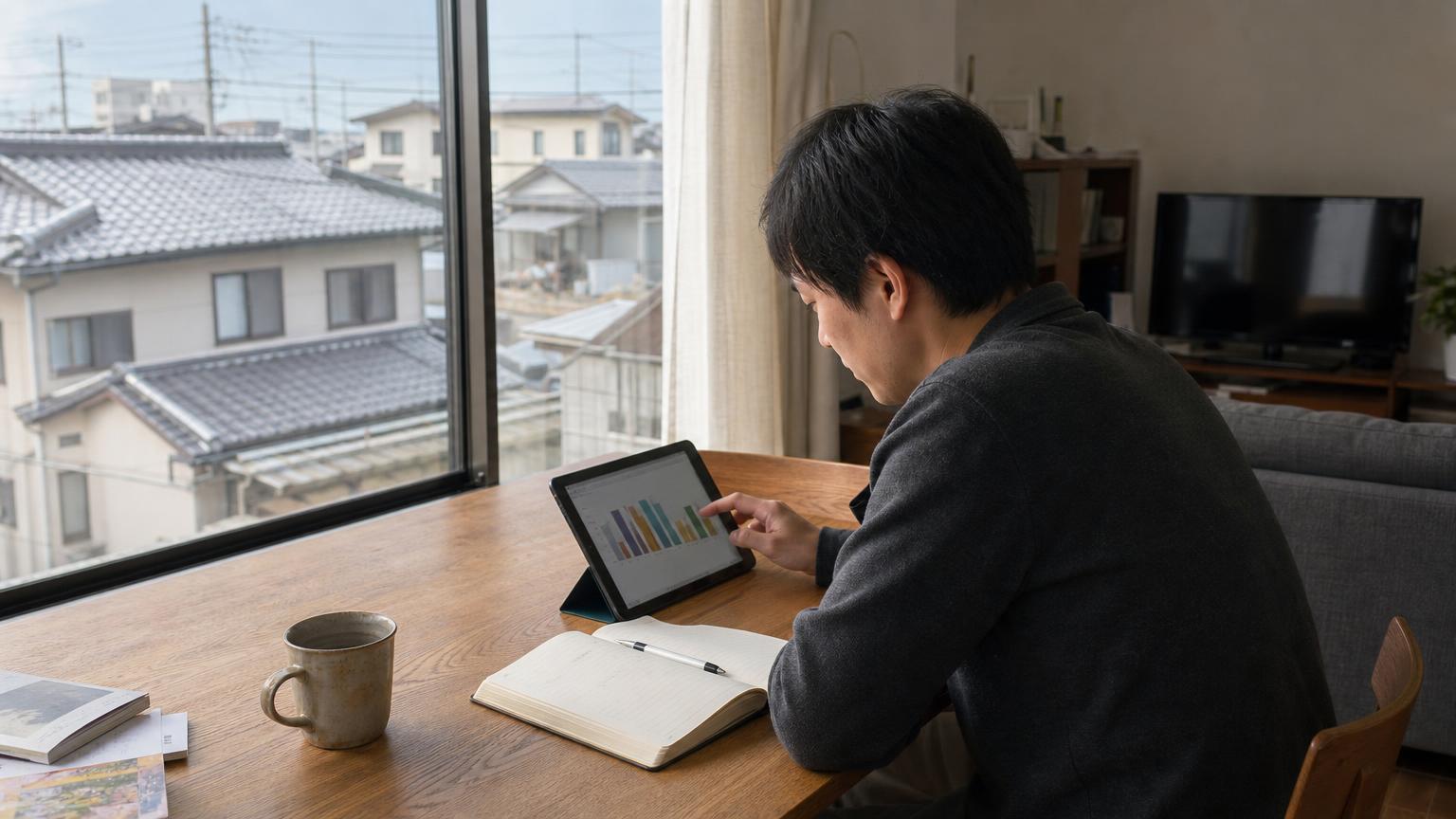 30代の日本人男性が、競馬のデータを見ながら考えている場面
