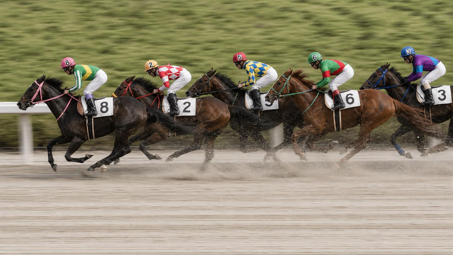 笠松競馬場をイメージした砂のコース。内ラチ沿いに一列で連なる競走馬の一団が、砂を巻き上げながら走っている