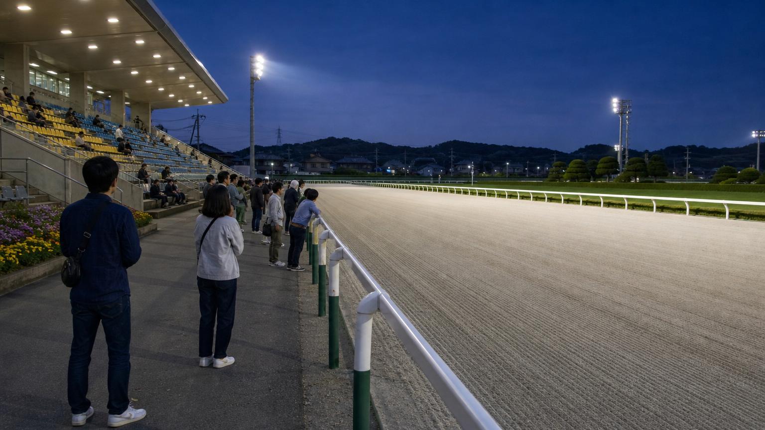 佐賀競馬場をイメージした地方競馬場の全景。手前にスタンドと立ち見の広場、その先の外ラチの向こうに砂のコースが広がっている