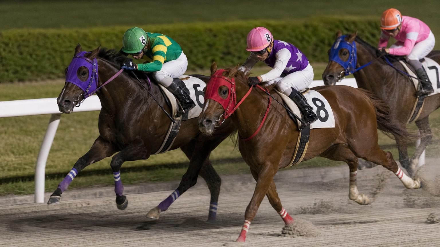 佐賀競馬場をイメージした砂のコースで、内ラチ沿いを2頭がほぼ並んで走っている。どちらか一方が有利に見えることはない