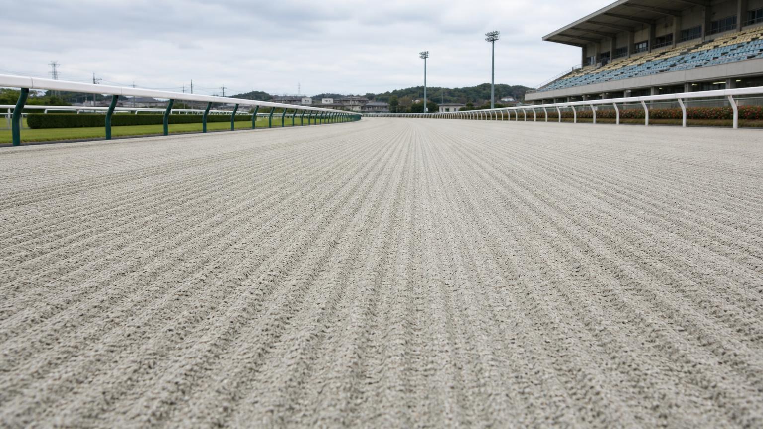 佐賀競馬場をイメージした砂のコース。レース前のハロー掛けを終えた無人の走路が、走行方向に走る細い筋を残して奥へ続いている