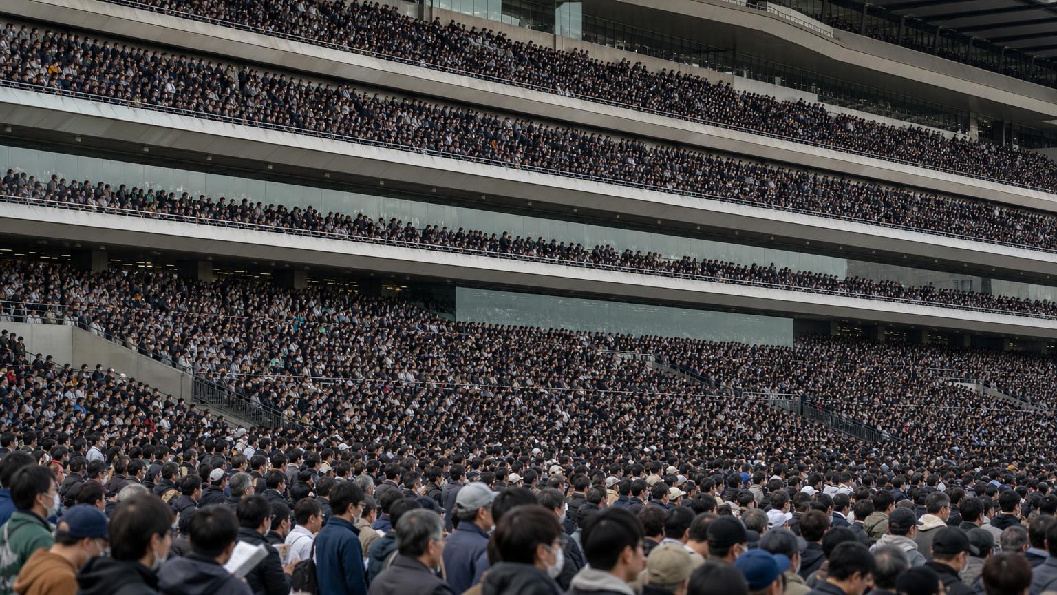 中央競馬場の満員のスタンド。何万人もの観客が幾層にも重なり、手前の人々は一様にコースの方を向いている
