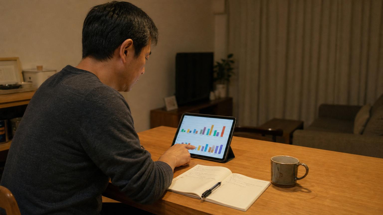 40代の日本人男性が、競馬のデータを見ながら考えている場面
