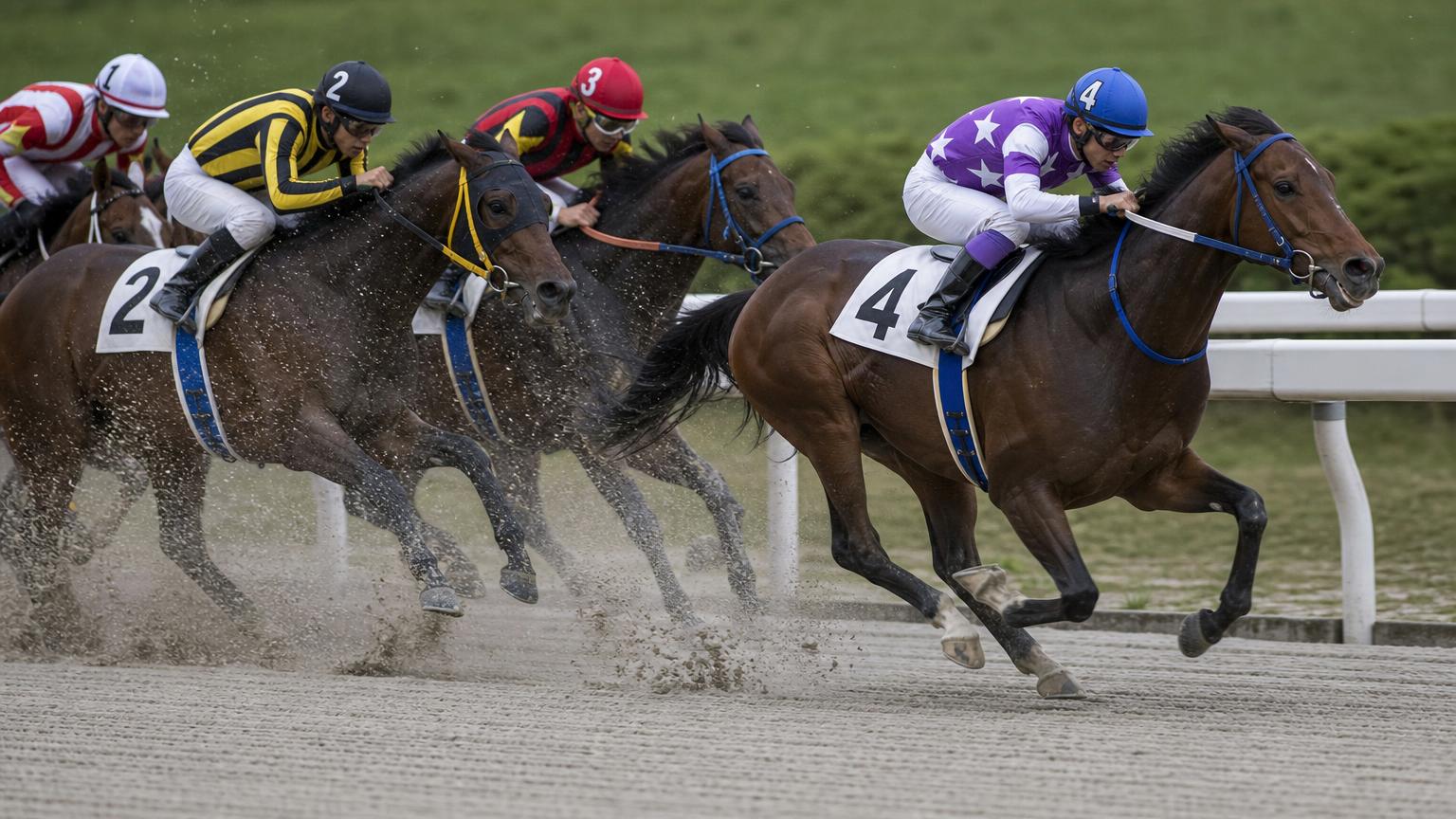 盛岡競馬場をイメージした砂のコースのゴール前。内ラチ沿いを走る先頭の1頭が後続を離して抜け出している