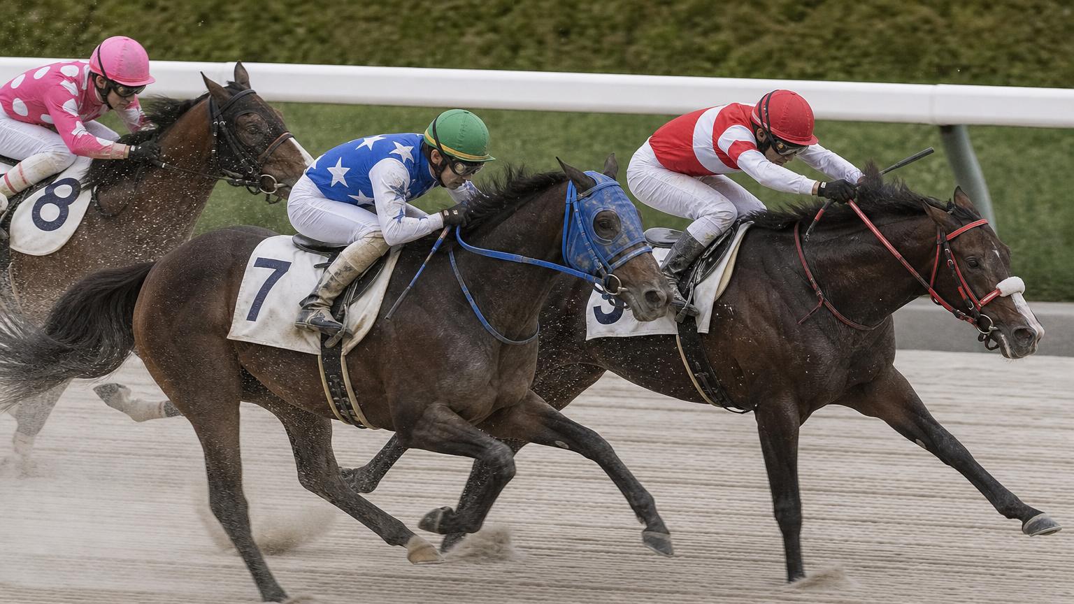 盛岡競馬場をイメージした砂のコースで、内ラチ沿いを2頭がほぼ並んで走っている。どちらか一方が有利に見えることはない