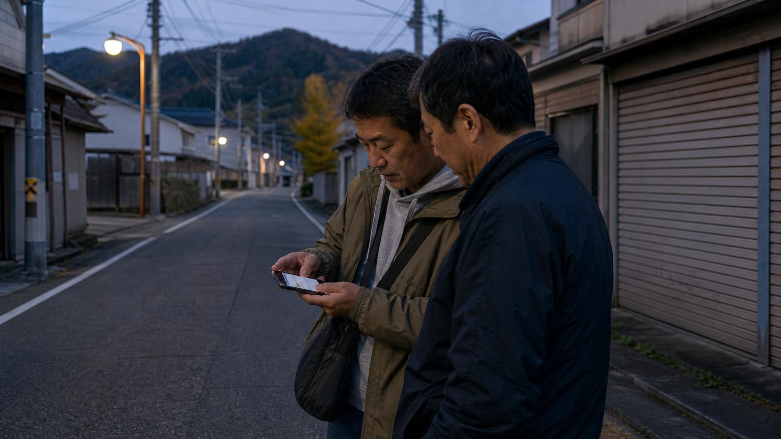 中年の日本人男性2人が、競馬のデータを見ながら考えている場面