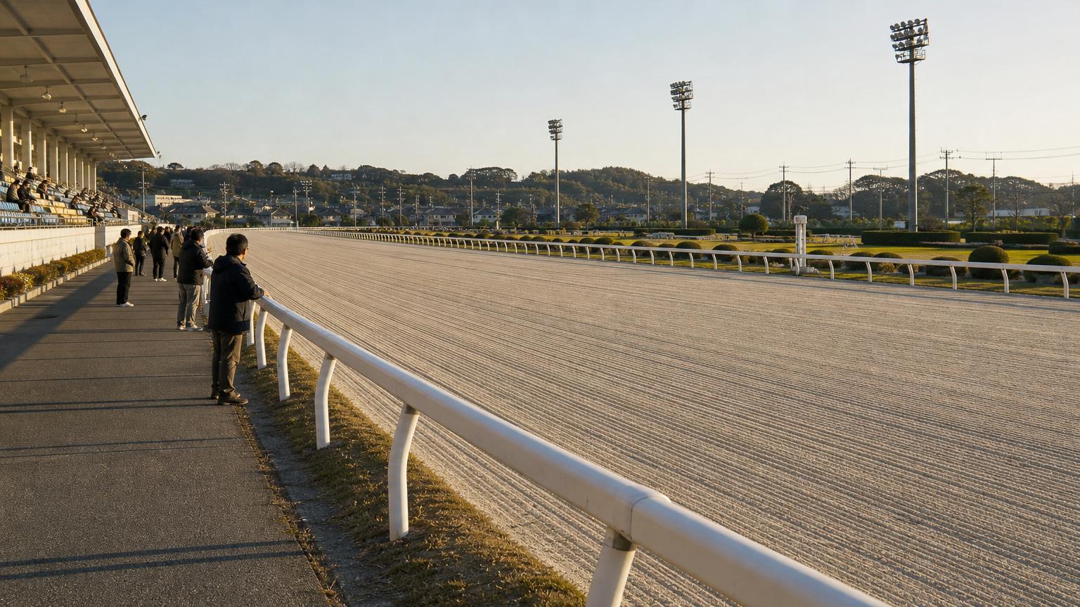 水沢競馬場をイメージした地方競馬場の全景。手前にスタンドと立ち見の広場、その先の外ラチの向こうに砂のコースが広がっている