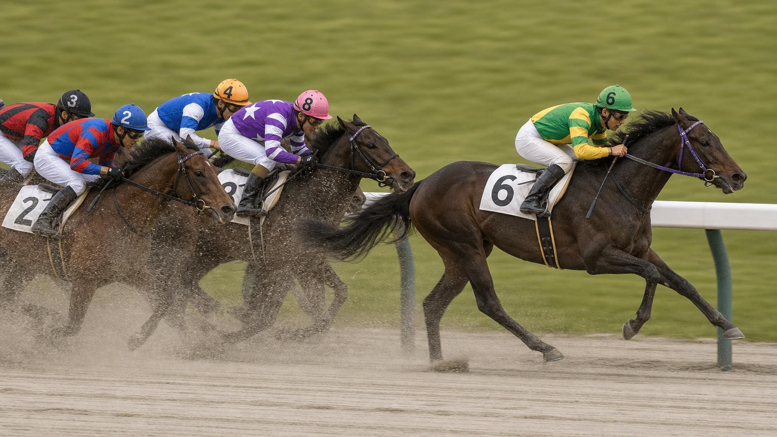 水沢競馬場をイメージした砂のコースのゴール前。内ラチ沿いを走る先頭の1頭が後続を離して抜け出している
