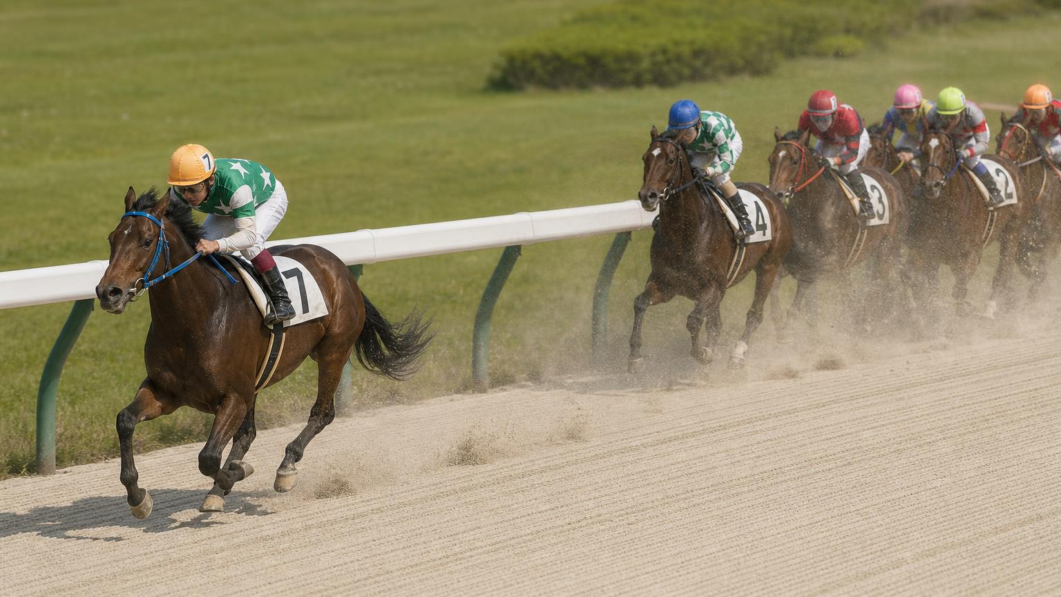 水沢競馬場をイメージした砂のコースで、内ラチ沿いを単騎で先頭を走る競走馬と騎手。後続の一団は数馬身うしろに固まっている