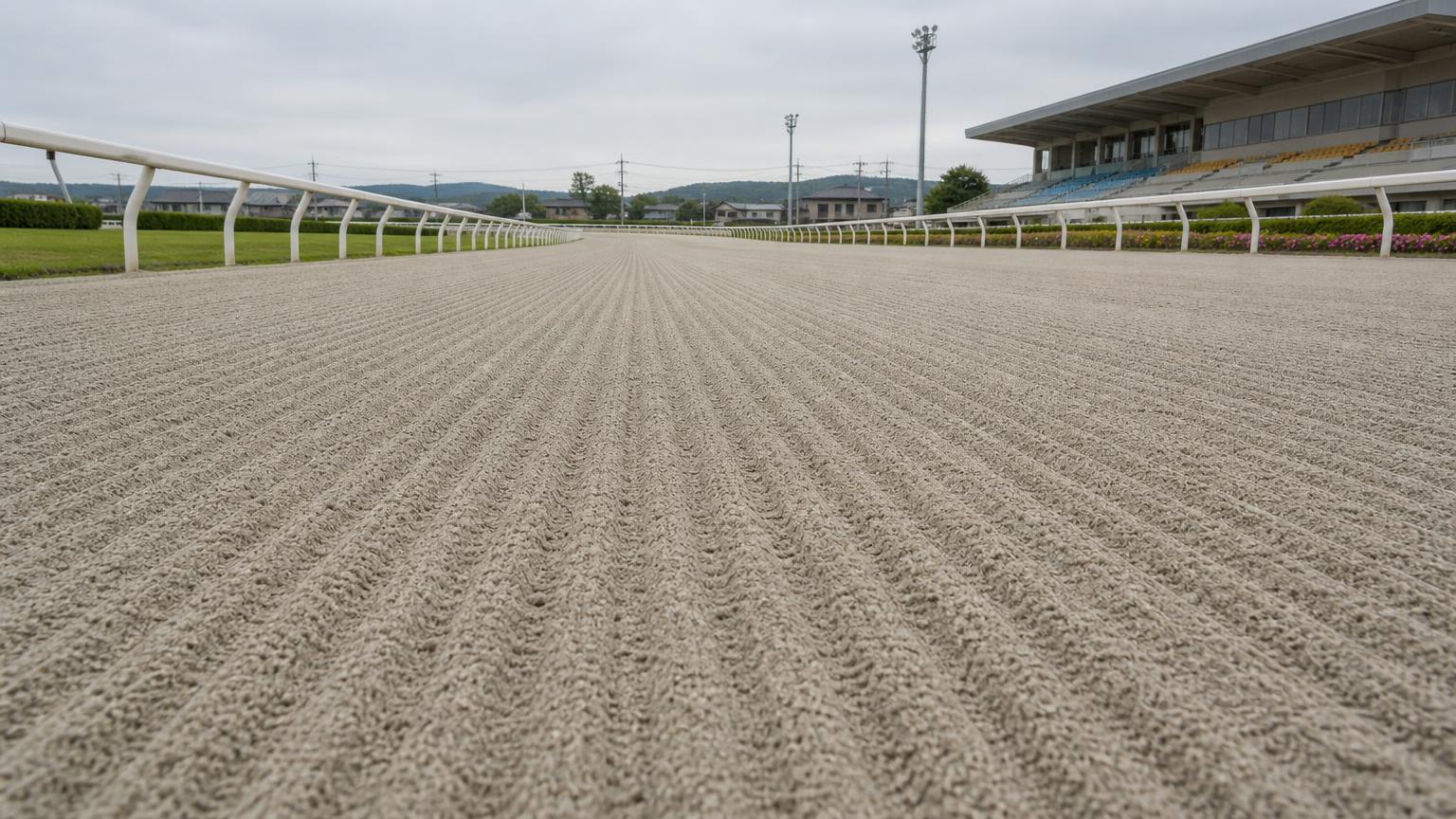 水沢競馬場をイメージした砂のコース。レース前のハロー掛けを終えた無人の走路が、走行方向に走る細い筋を残して奥へ続いている