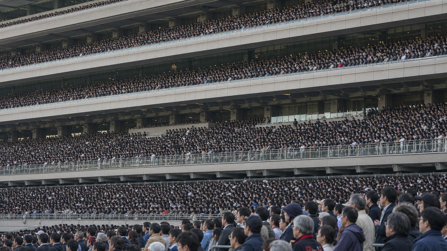 中央競馬場の満員のスタンド。何万人もの観客が幾層にも重なり、手前の人々は一様にコースの方を向いている