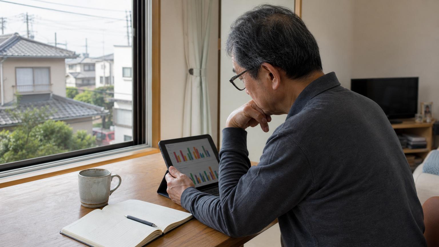 60代の日本人男性が、競馬のデータを見ながら考えている場面
