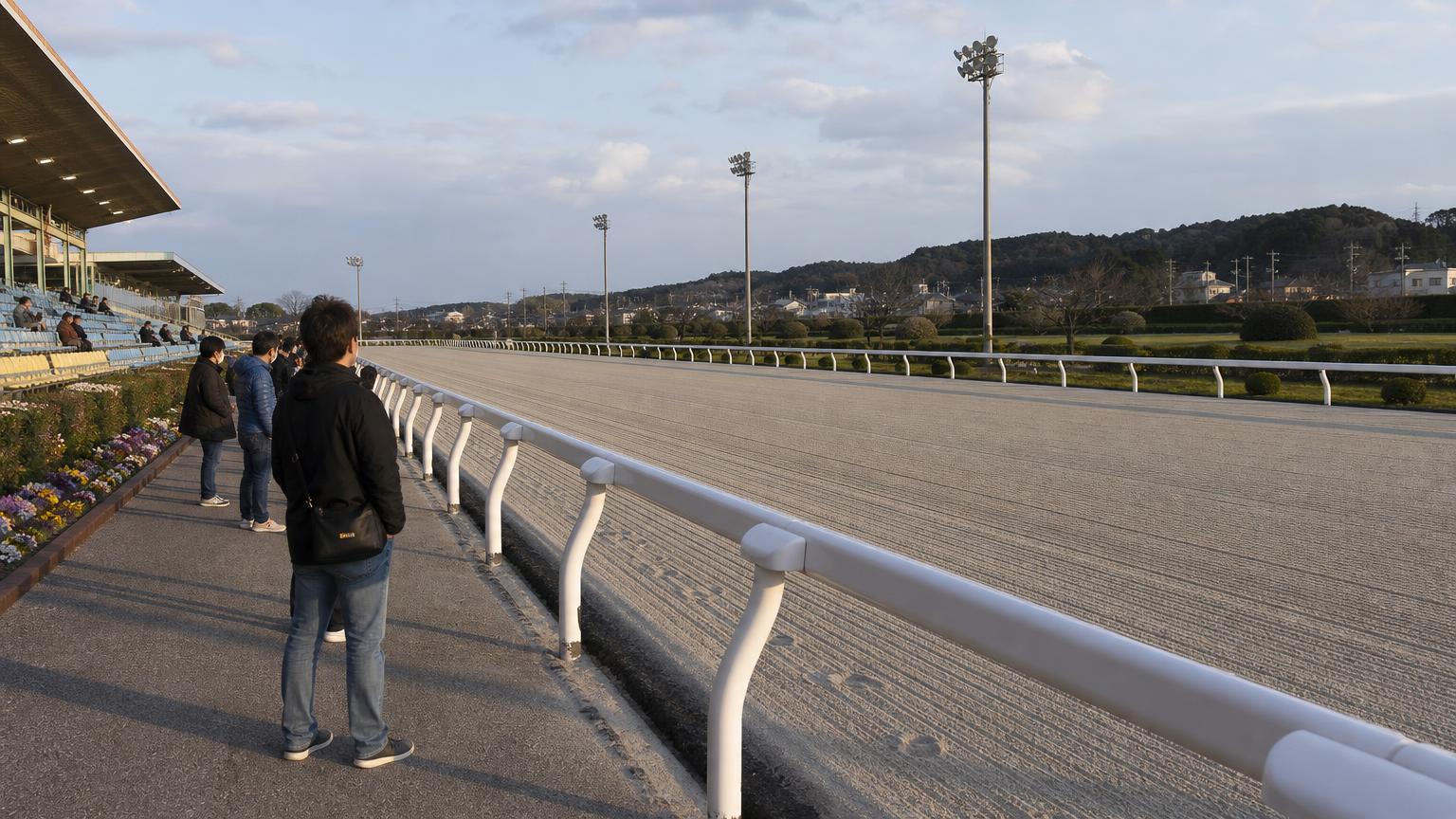 姫路競馬場をイメージした地方競馬場の全景。手前にスタンドと立ち見の広場、その先の外ラチの向こうに砂のコースが広がっている