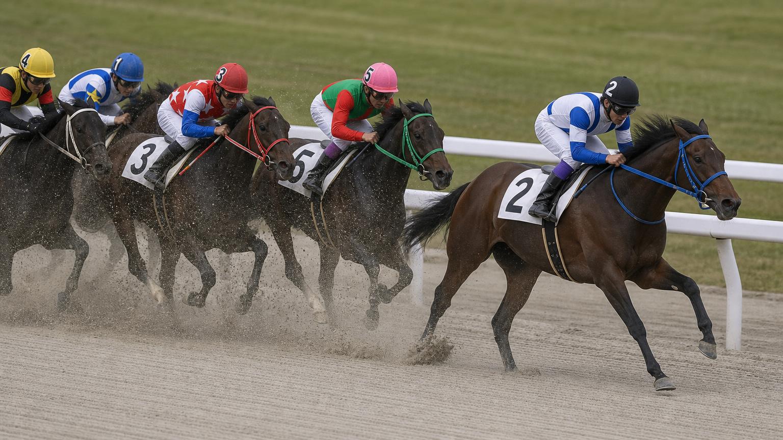 姫路競馬場をイメージした砂のコースのゴール前。内ラチ沿いを走る先頭の1頭が後続を離して抜け出している