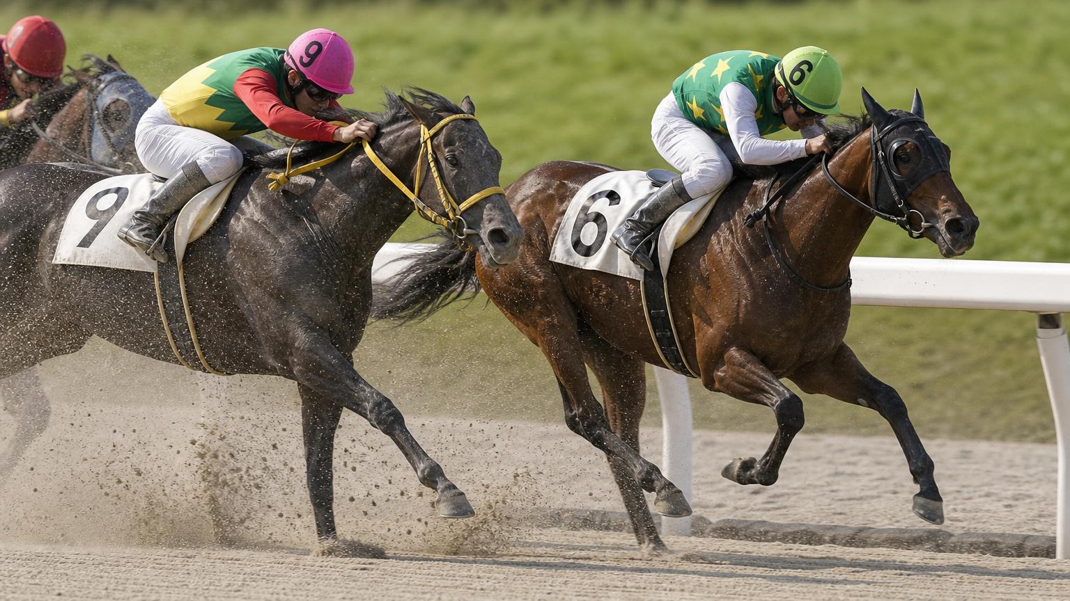 姫路競馬場をイメージした砂のコースで、内ラチ沿いを逃げる先頭馬に、砂を浴びながら後続の1頭が迫っている